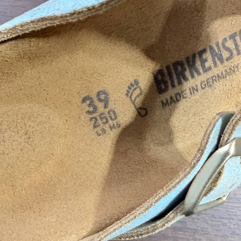 Birkenstock Gizeh Womens 39 US 8 Light Blue Metallic Crackle Leather Sandals - Picture 4 of 7